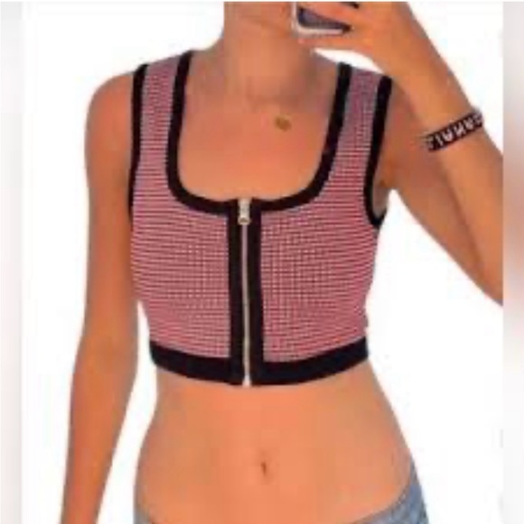 ZARA RED, WHITE & BLACK JACQUARD ZIP CROP TOP SIZE SMALL - Picture 2 of 6